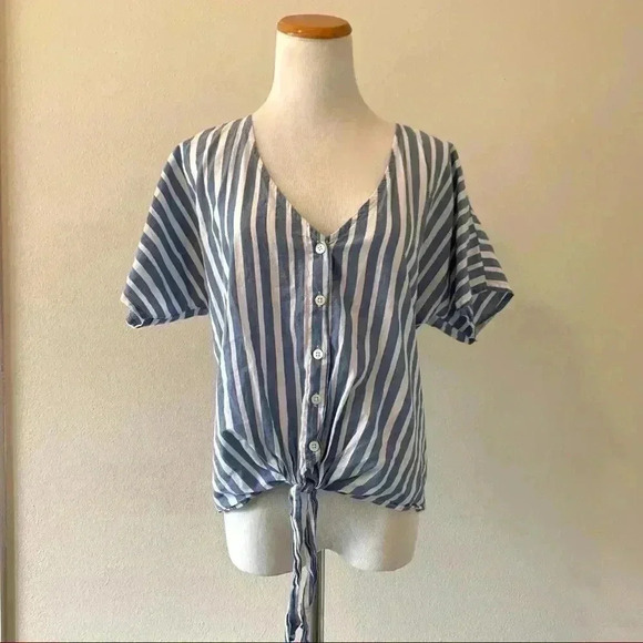Charolette Russe blue and white striped button up tee with tie - Picture 1 of 4